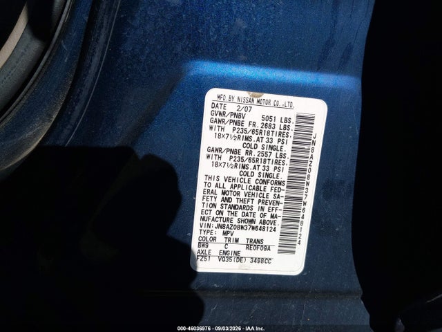 Продаж на аукціоні авто 2007 Nissan Murano Sl, vin: JN8AZ08W37W648124, номер лоту: 46036976