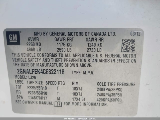 46036977 :رقم المزاد ، 2GNALFEK4C6322118 vin ، 2012 Chevrolet Equinox Ltz مزاد بيع