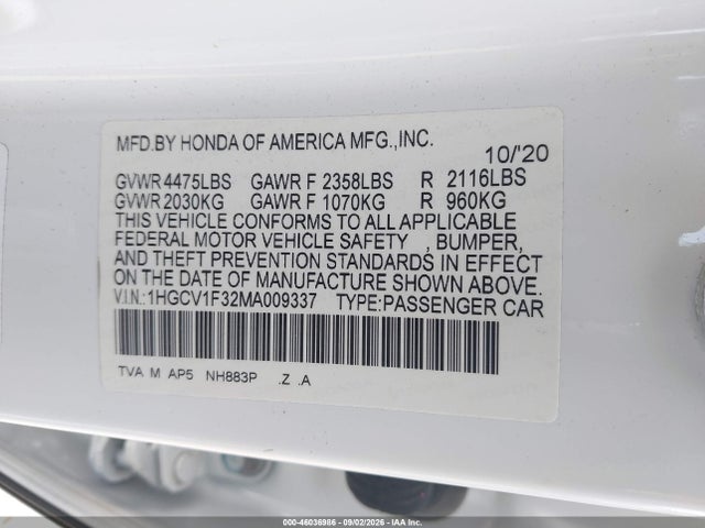 2021 Honda Accord Sport მანქანა იყიდება აუქციონზე, vin: 1HGCV1F32MA009337, აუქციონის ნომერი: 46036986