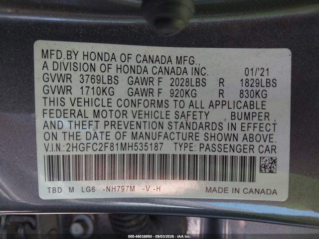 Продаж на аукціоні авто 2021 Honda Civic Sport, vin: 2HGFC2F81MH535187, номер лоту: 46036990