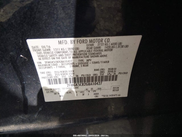 46036992 :رقم المزاد ، 2FMGK5C82GBA10427 vin ، 2016 Ford Flex Sel مزاد بيع