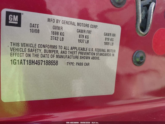 46036999 :رقم المزاد ، 1G1AT18H497188658 vin ، 2009 Chevrolet Cobalt Lt مزاد بيع