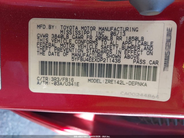 Продаж на аукціоні авто 2013 Toyota Corolla Le, vin: 5YFBU4EEXDP211436, номер лоту: 46037001