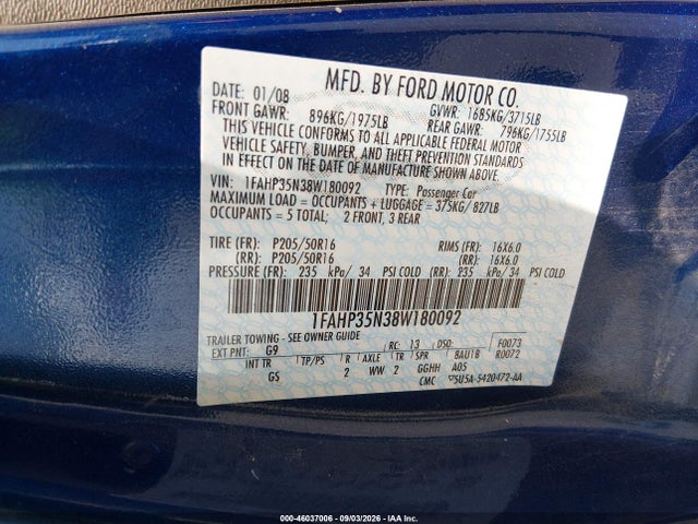 2008 Ford Focus Se/ses მანქანა იყიდება აუქციონზე, vin: 1FAHP35N38W180092, აუქციონის ნომერი: 46037006