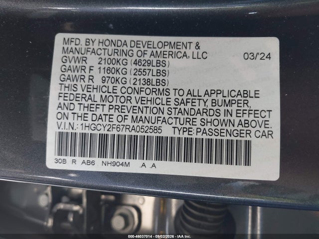 2024 Honda Accord Hybrid Ex-l მანქანა იყიდება აუქციონზე, vin: 1HGCY2F67RA052585, აუქციონის ნომერი: 46037014