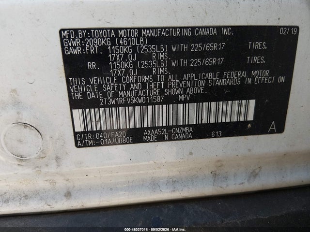 Продаж на аукціоні авто 2019 Toyota Rav4 Xle, vin: 2T3W1RFV5KW011587, номер лоту: 46037018