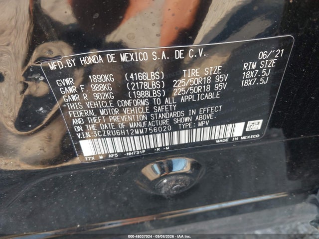 46037024 :رقم المزاد ، 3CZRU6H12MM756020 vin ، 2021 Honda Hr-v Awd Sport مزاد بيع