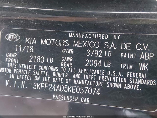 Aukcja sprzedaży 2019 Kia Forte Lxs, vin: 3KPF24AD5KE057074, numer aukcji: 46037025