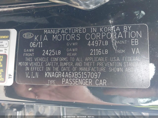 46037030 :رقم المزاد ، KNAGR4A6XB5157097 vin ، 2011 Kia Optima Sx مزاد بيع