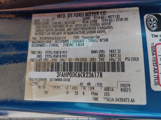 Продажа на аукционе авто 2012 Ford Fusion Sport, vin: 3FAHP0DC6CR236178, номер лота: 46037038