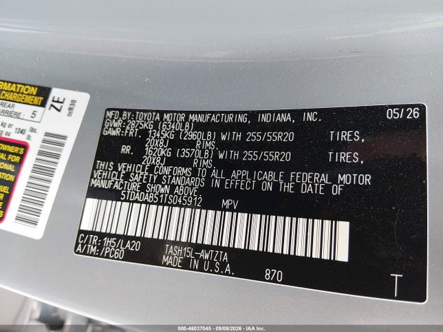 46037045 :رقم المزاد ، 5TDADAB51TS045912 vin ، 2026 Toyota Grand Highlander Hybrid Max Platinum مزاد بيع