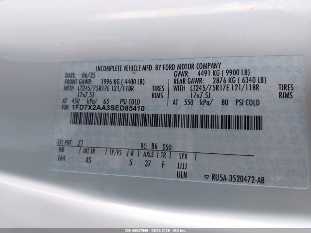 2025 Ford F-250 Xl მანქანა იყიდება აუქციონზე, vin: 1FD7X2AA3SED85410, აუქციონის ნომერი: 46037046
