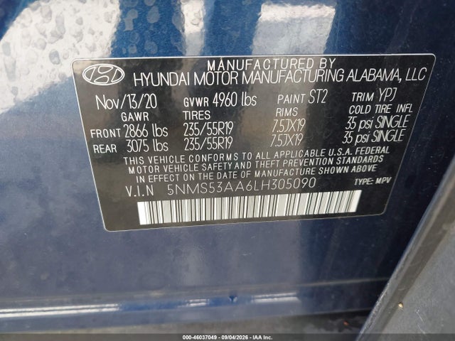 Продажа на аукционе авто 2020 Hyundai Santa Fe Limited 2.0t, vin: 5NMS53AA6LH305090, номер лота: 46037049
