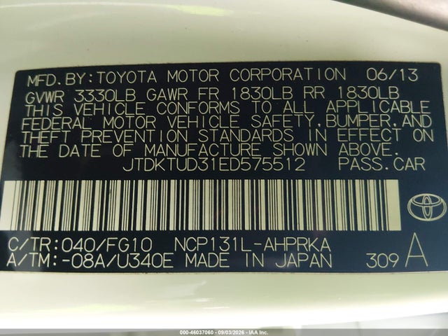 JTDKTUD31ED575512 Toyota Yaris Le (tmc/cbu Plant)
