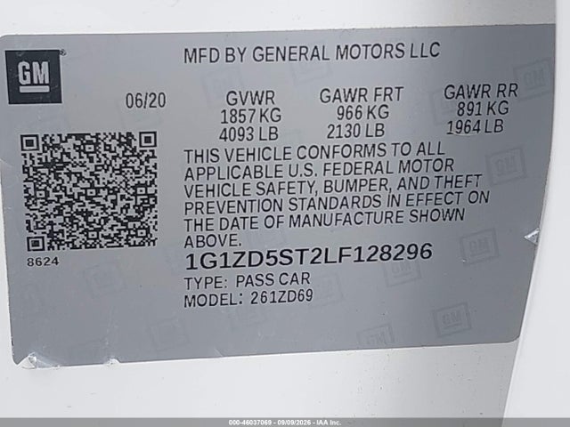 2020 Chevrolet Malibu Fwd Lt მანქანა იყიდება აუქციონზე, vin: 1G1ZD5ST2LF128296, აუქციონის ნომერი: 46037069