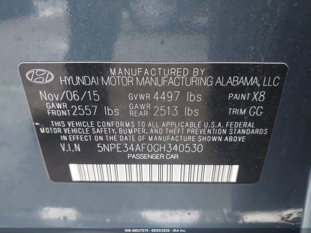 Aukcja sprzedaży 2016 Hyundai Sonata Sport, vin: 5NPE34AF0GH340530, numer aukcji: 46037070