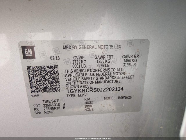 46037082 :رقم المزاد ، 1GYKNCRS0JZ202134 vin ، 2018 Cadillac Xt5 Luxury مزاد بيع