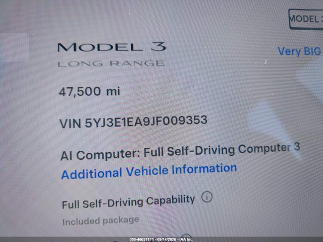 5YJ3E1EA9JF009353 Tesla Model 3 Long Range/mid Range