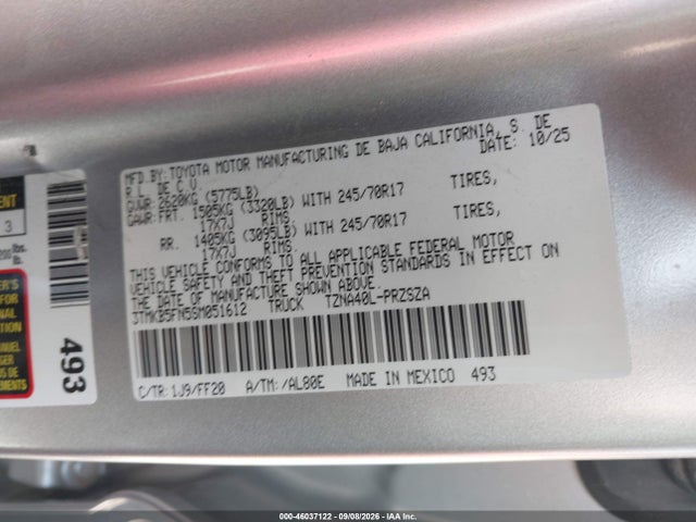 46037122 :رقم المزاد ، 3TMKB5FN5SM051612 vin ، 2025 Toyota Tacoma Sr5 مزاد بيع