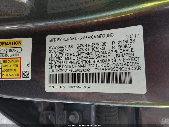 Honda Accord Touring 2018 1HGCV1F95JA023202 Image 9