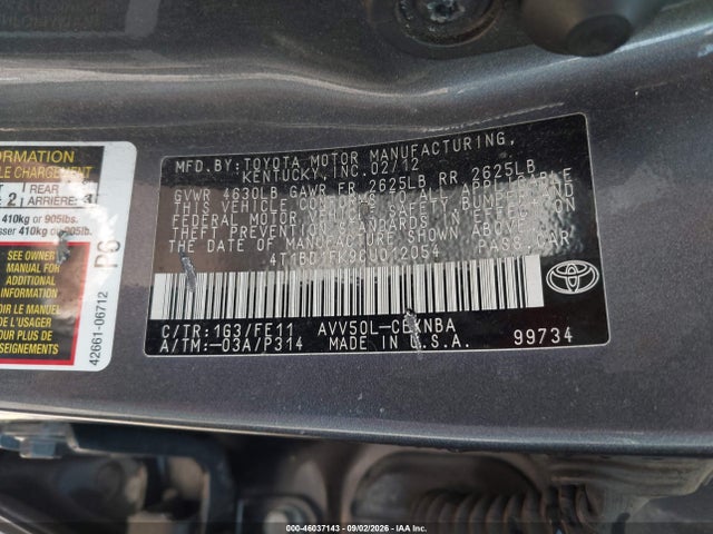 Продаж на аукціоні авто 2012 Toyota Camry Hybrid Le, vin: 4T1BD1FK9CU012054, номер лоту: 46037143