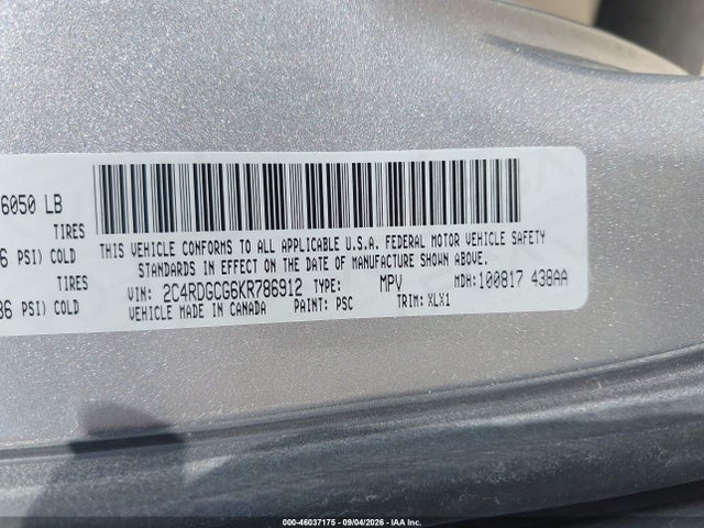 2019 Dodge Grand Caravan Sxt მანქანა იყიდება აუქციონზე, vin: 2C4RDGCG6KR786912, აუქციონის ნომერი: 46037175