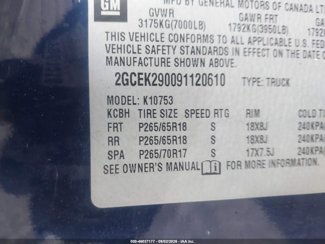 46037177 :رقم المزاد ، 2GCEK290091120610 vin ، 2009 Chevrolet Silverado 1500 Lt مزاد بيع