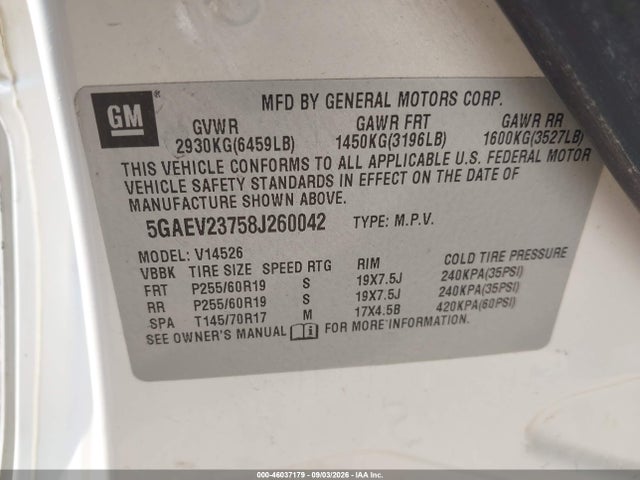 46037179 :رقم المزاد ، 5GAEV23758J260042 vin ، 2008 Buick Enclave Cxl مزاد بيع