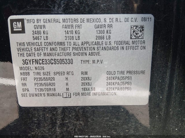 46037193 :رقم المزاد ، 3GYFNCE33CS505330 vin ، 2012 Cadillac Srx Premium Collection مزاد بيع