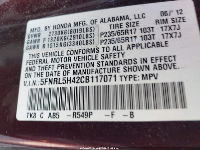 2012 Honda Odyssey Ex მანქანა იყიდება აუქციონზე, vin: 5FNRL5H42CB117071, აუქციონის ნომერი: 46037234