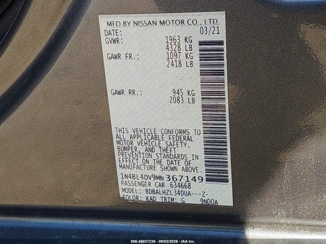 Продажа на аукционе авто 2021 Nissan Altima Sv Fwd, vin: 1N4BL4DV9MN367149, номер лота: 46037236