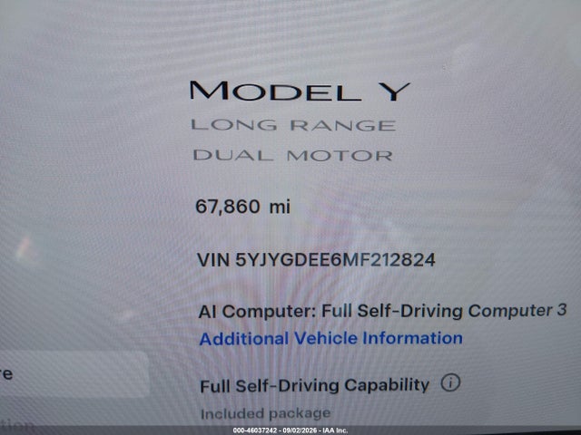Aukcja sprzedaży 2021 Tesla Model Y Long Range Dual Motor All-wheel Drive, vin: 5YJYGDEE6MF212824, numer aukcji: 46037242