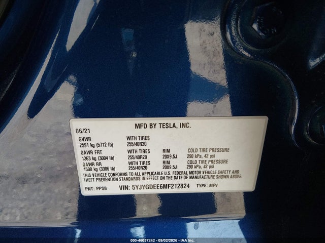 Aukcja sprzedaży 2021 Tesla Model Y Long Range Dual Motor All-wheel Drive, vin: 5YJYGDEE6MF212824, numer aukcji: 46037242