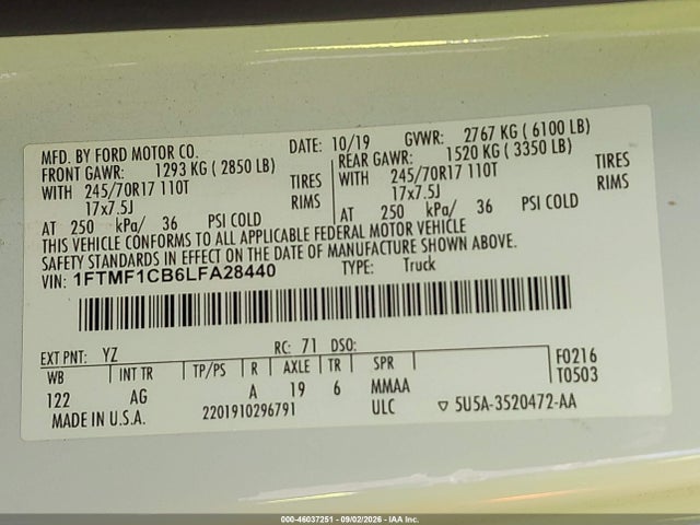 2020 Ford F-150 Xl მანქანა იყიდება აუქციონზე, vin: 1FTMF1CB6LFA28440, აუქციონის ნომერი: 46037251