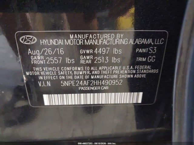 Aukcja sprzedaży 2017 Hyundai Sonata, vin: 5NPE24AF2HH490952, numer aukcji: 46037253