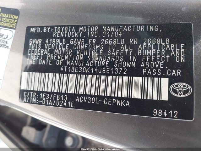 Продаж на аукціоні авто 2004 Toyota Camry Le, vin: 4T1BE30K14U861372, номер лоту: 46037256