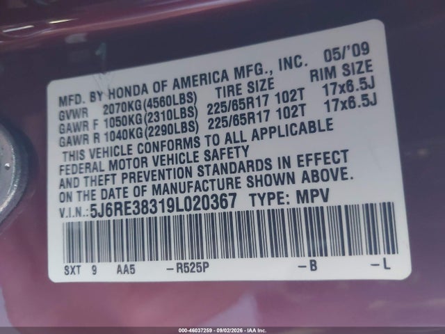 46037259 :رقم المزاد ، 5J6RE38319L020367 vin ، 2009 Honda Cr-v Lx مزاد بيع