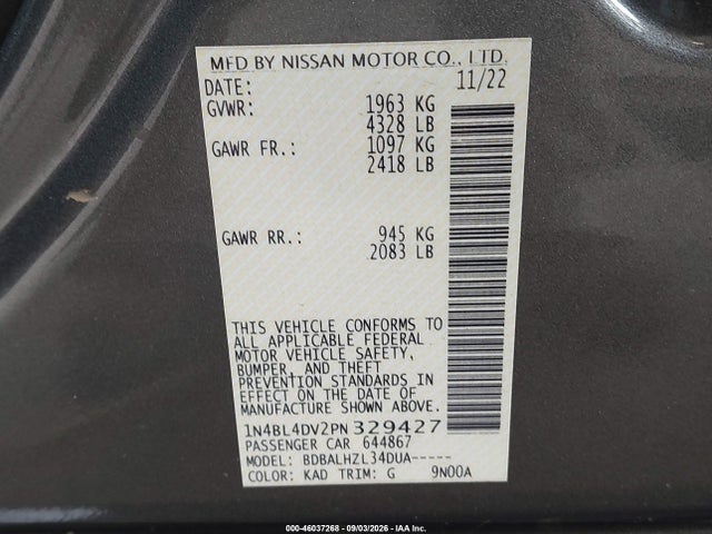 Продаж на аукціоні авто 2023 Nissan Altima Sv Fwd, vin: 1N4BL4DV2PN329427, номер лоту: 46037268