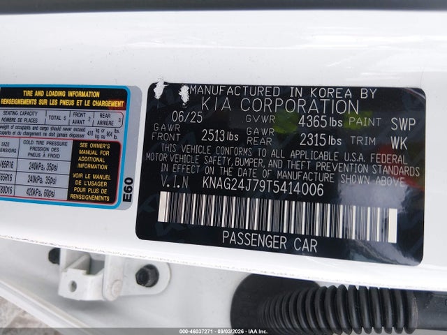 Продаж на аукціоні авто 2026 Kia K5 Lxs Fwd, vin: KNAG24J79T5414006, номер лоту: 46037271