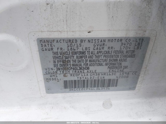 Nissan Versa Note S (sr)/s Plus/sl/sr/sv 2016 3N1CE2CP4GL363436 Image 9
