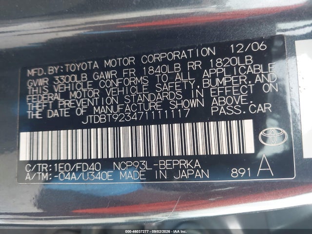 46037277 :رقم المزاد ، JTDBT923471111117 vin ، 2007 Toyota Yaris S مزاد بيع