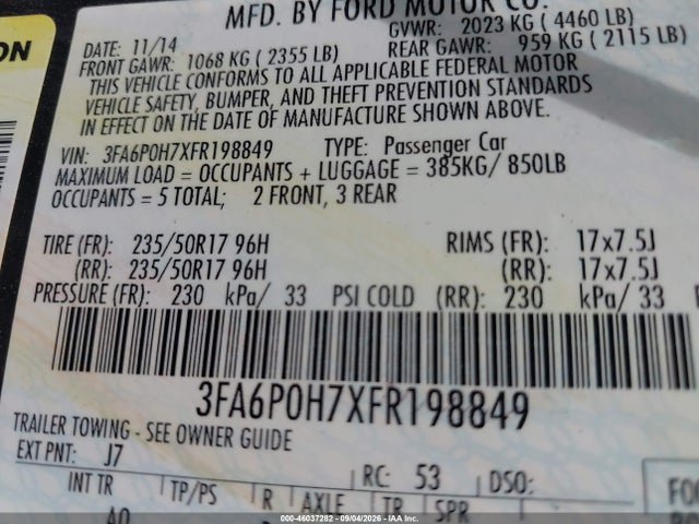 Aukcja sprzedaży 2015 Ford Fusion Se, vin: 3FA6P0H7XFR198849, numer aukcji: 46037282