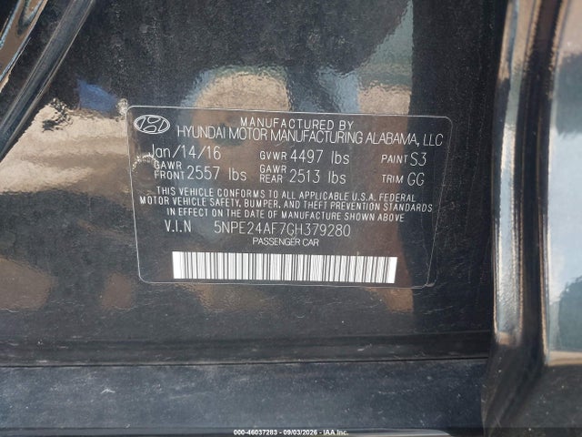 Продаж на аукціоні авто 2016 Hyundai Sonata Se, vin: 5NPE24AF7GH379280, номер лоту: 46037283