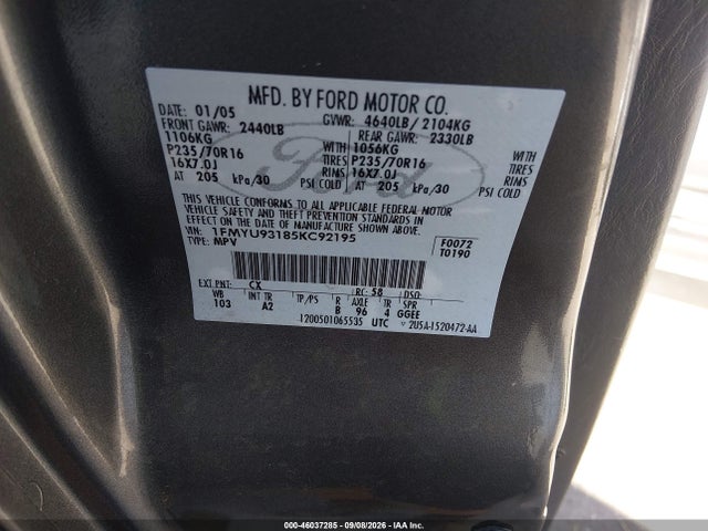 2005 Ford Escape Xlt მანქანა იყიდება აუქციონზე, vin: 1FMYU93185KC92195, აუქციონის ნომერი: 46037285