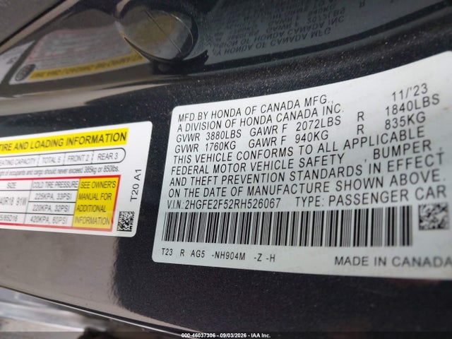 Aukcja sprzedaży 2024 Honda Civic Sport, vin: 2HGFE2F52RH526067, numer aukcji: 46037306