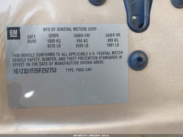 46037314 :رقم المزاد ، 1G1ZS51F26F292752 vin ، 2006 Chevrolet Malibu Ls مزاد بيع