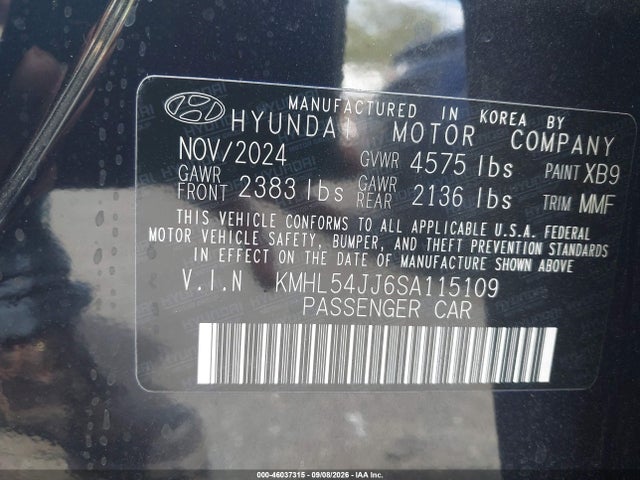46037315 :رقم المزاد ، KMHL54JJ6SA115109 vin ، 2025 Hyundai Sonata Hybrid Limited مزاد بيع