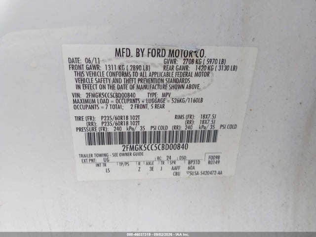 Продаж на аукціоні авто 2012 Ford Flex Sel, vin: 2FMGK5CC5CBD00840, номер лоту: 46037319