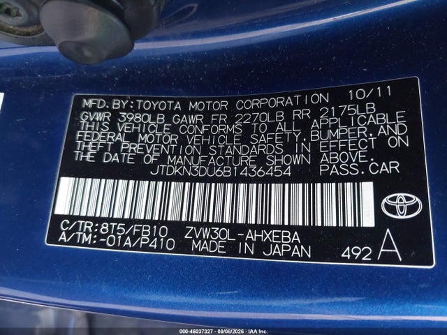 Aukcja sprzedaży 2011 Toyota Prius Two, vin: JTDKN3DU6B1436454, numer aukcji: 46037327