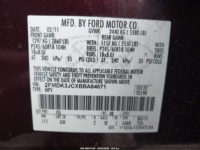 Продаж на аукціоні авто 2011 Ford Edge Sel, vin: 2FMDK3JCXBBA84671, номер лоту: 46037345